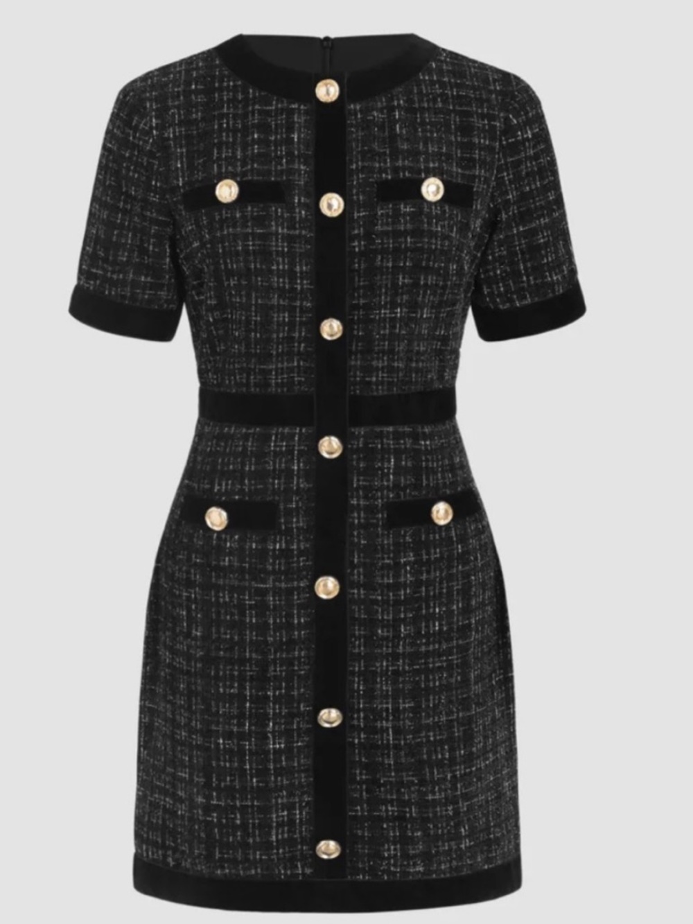 Cider Black Tweed Short-Sleeve Button-Front Mini Dress / XXS